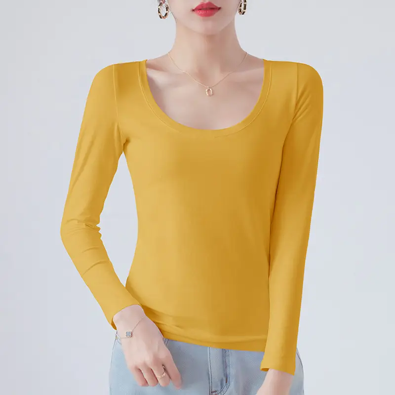 Pure Cotton Round Neck Slim Fit Long Sleeve Black Base Shirt for Women, Spring 2026 New Style T-Shirt, Solid Color Tee for Spring and Autumn