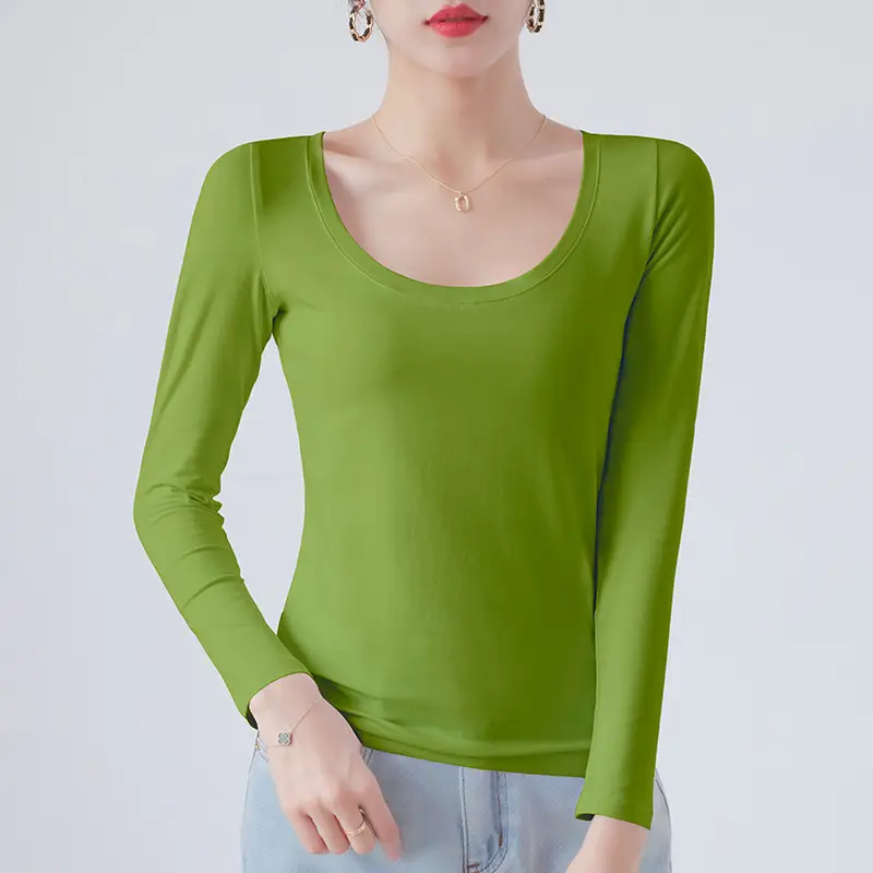 Pure Cotton Round Neck Slim Fit Long Sleeve Black Base Shirt for Women, Spring 2026 New Style T-Shirt, Solid Color Tee for Spring and Autumn