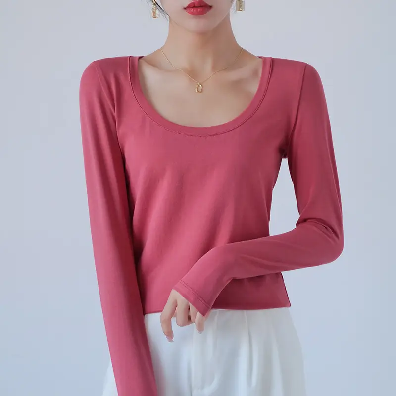 Pure Cotton Round Neck Slim Fit Long Sleeve Black Base Shirt for Women, Spring 2026 New Style T-Shirt, Solid Color Tee for Spring and Autumn