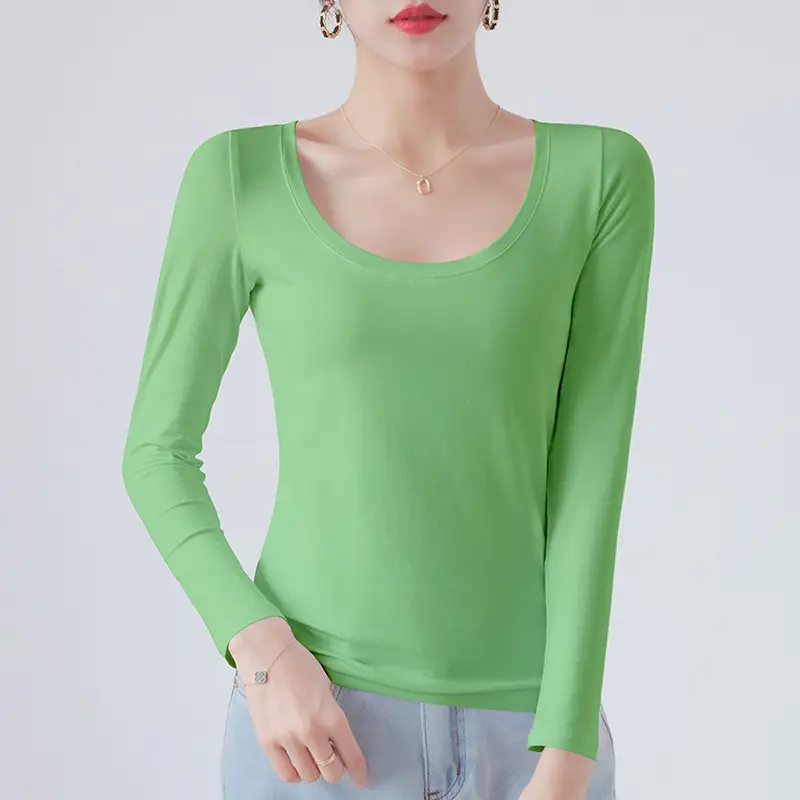 Pure Cotton Round Neck Slim Fit Long Sleeve Black Base Shirt for Women, Spring 2026 New Style T-Shirt, Solid Color Tee for Spring and Autumn