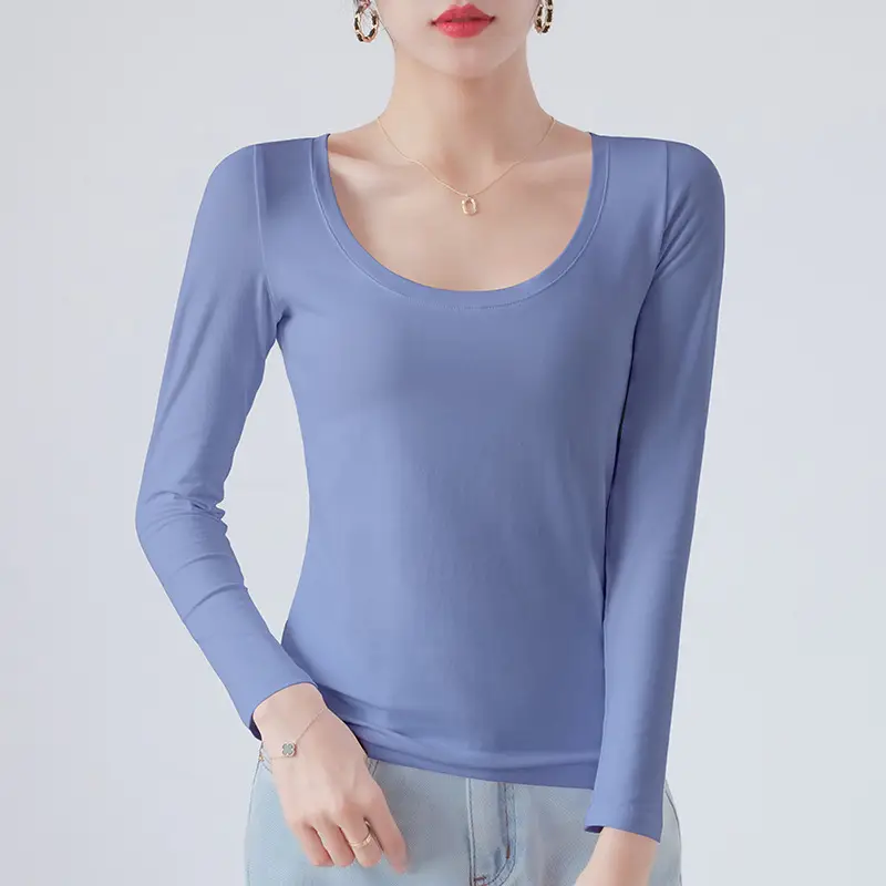 Pure Cotton Round Neck Slim Fit Long Sleeve Black Base Shirt for Women, Spring 2026 New Style T-Shirt, Solid Color Tee for Spring and Autumn