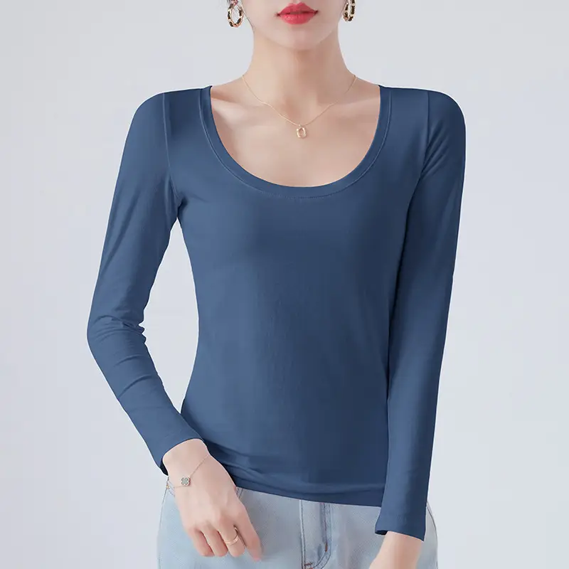 Pure Cotton Round Neck Slim Fit Long Sleeve Black Base Shirt for Women, Spring 2026 New Style T-Shirt, Solid Color Tee for Spring and Autumn