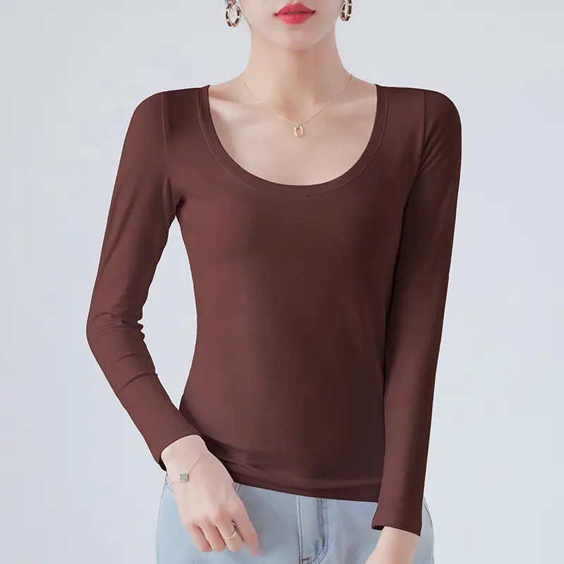 Pure Cotton Round Neck Slim Fit Long Sleeve Black Base Shirt for Women, Spring 2026 New Style T-Shirt, Solid Color Tee for Spring and Autumn
