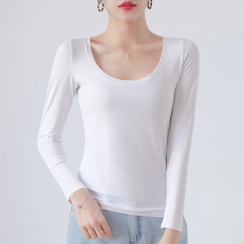 Pure Cotton Round Neck Slim Fit Long Sleeve Black Base Shirt for Women, Spring 2026 New Style T-Shirt, Solid Color Tee for Spring and Autumn