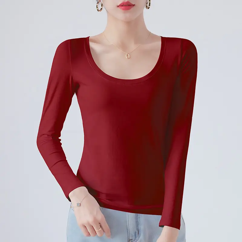 Pure Cotton Round Neck Slim Fit Long Sleeve Black Base Shirt for Women, Spring 2026 New Style T-Shirt, Solid Color Tee for Spring and Autumn
