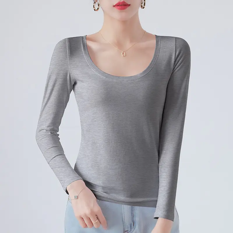 Pure Cotton Round Neck Slim Fit Long Sleeve Black Base Shirt for Women, Spring 2026 New Style T-Shirt, Solid Color Tee for Spring and Autumn