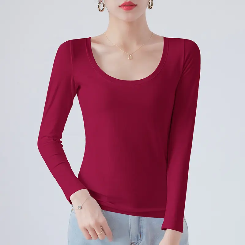 Pure Cotton Round Neck Slim Fit Long Sleeve Black Base Shirt for Women, Spring 2026 New Style T-Shirt, Solid Color Tee for Spring and Autumn