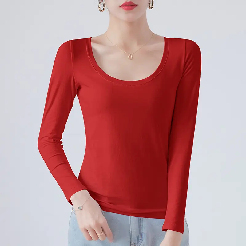 Pure Cotton Round Neck Slim Fit Long Sleeve Black Base Shirt for Women, Spring 2026 New Style T-Shirt, Solid Color Tee for Spring and Autumn