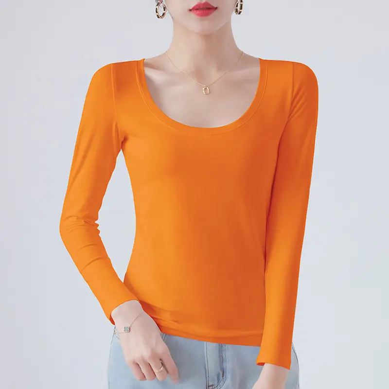 Pure Cotton Round Neck Slim Fit Long Sleeve Black Base Shirt for Women, Spring 2026 New Style T-Shirt, Solid Color Tee for Spring and Autumn