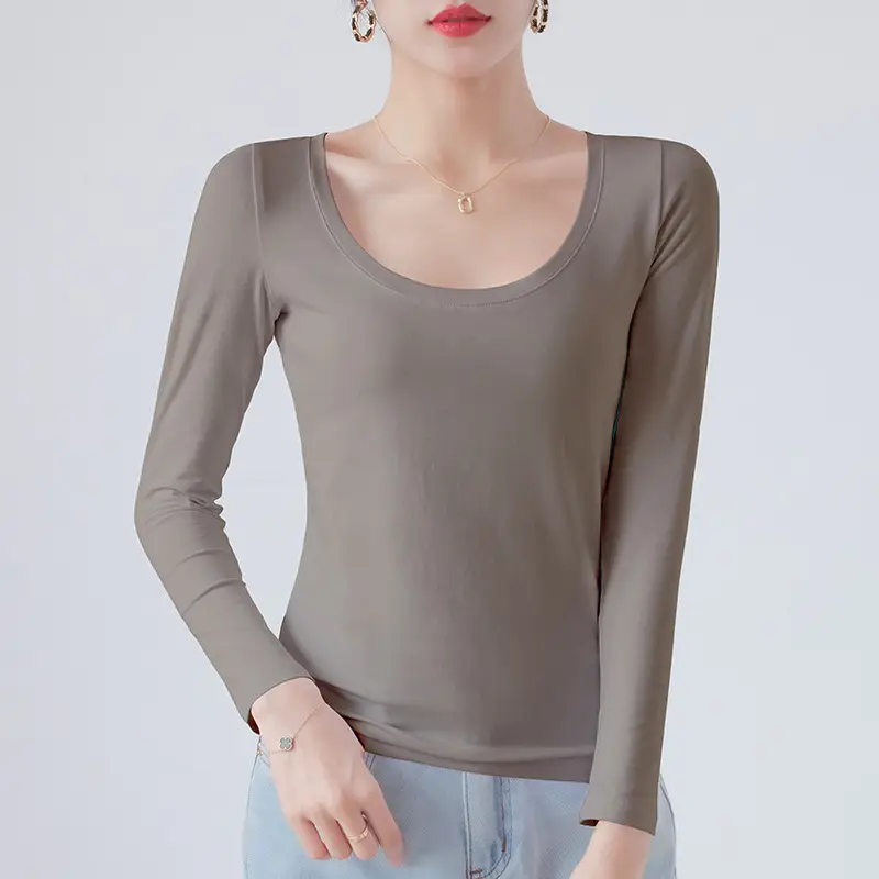Pure Cotton Round Neck Slim Fit Long Sleeve Black Base Shirt for Women, Spring 2026 New Style T-Shirt, Solid Color Tee for Spring and Autumn