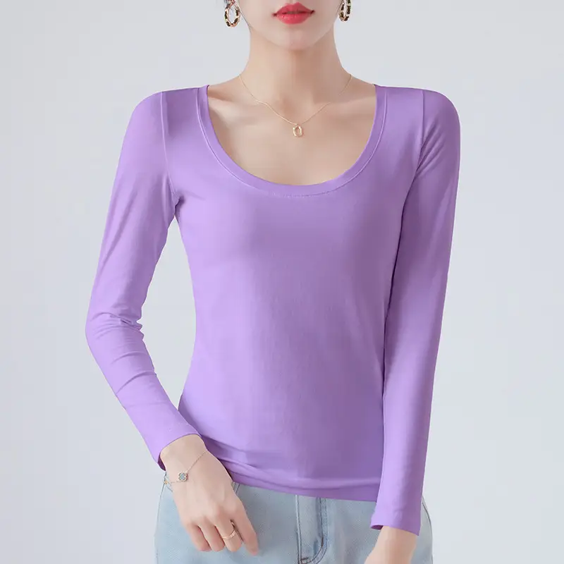 Pure Cotton Round Neck Slim Fit Long Sleeve Black Base Shirt for Women, Spring 2026 New Style T-Shirt, Solid Color Tee for Spring and Autumn