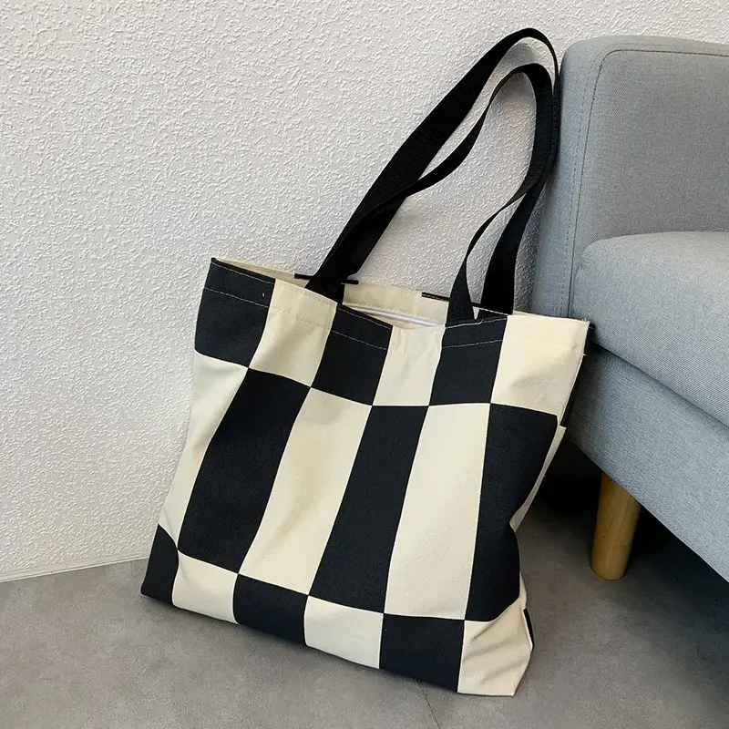 Women Canvas Checkered Shoulder Bag Black White - Image 6