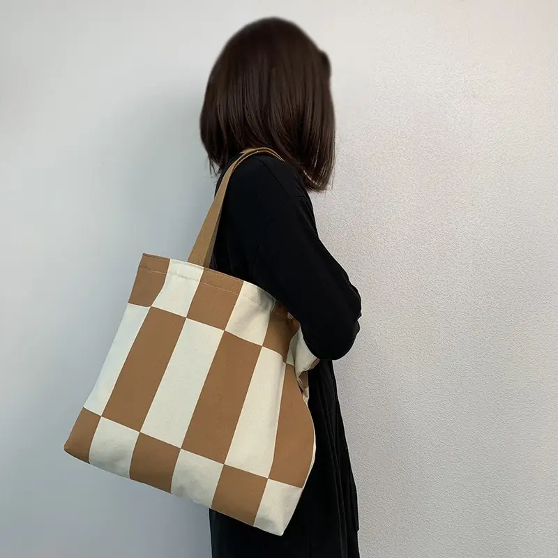Women Canvas Checkered Shoulder Bag Black White - Image 7