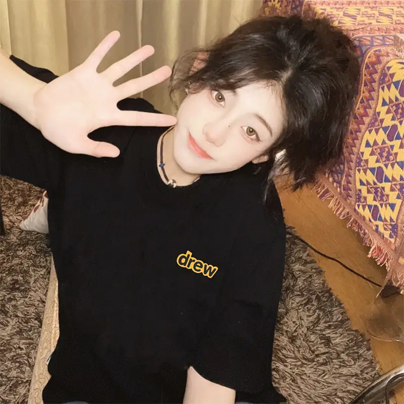 Black Cotton T-Shirt with "No Easy Drew" Graphic — feature 16