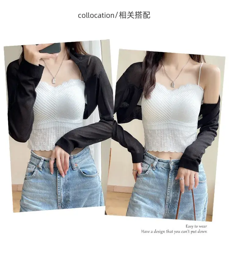 Women's Black Knitted Sunscreen Shawl Outer Long Sleeve Dress — feature 24