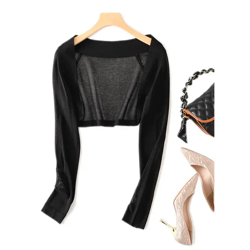 Women's Black Knitted Sunscreen Shawl Outer Long Sleeve Dress - Image 2