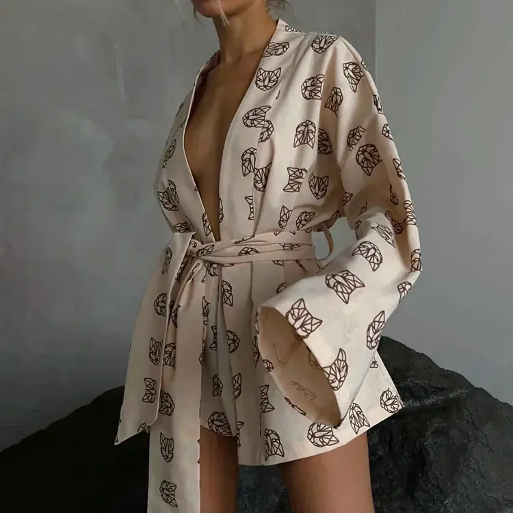 2023 Printed Lace-Up Long Sleeve Pajamas for Women - Image 9