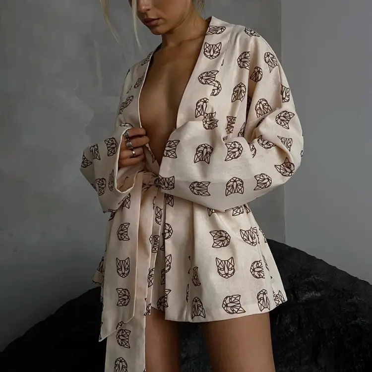 2023 Printed Lace-Up Long Sleeve Pajamas for Women — feature 11