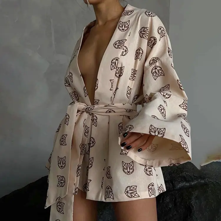 2023 Printed Lace-Up Long Sleeve Pajamas for Women — feature 7