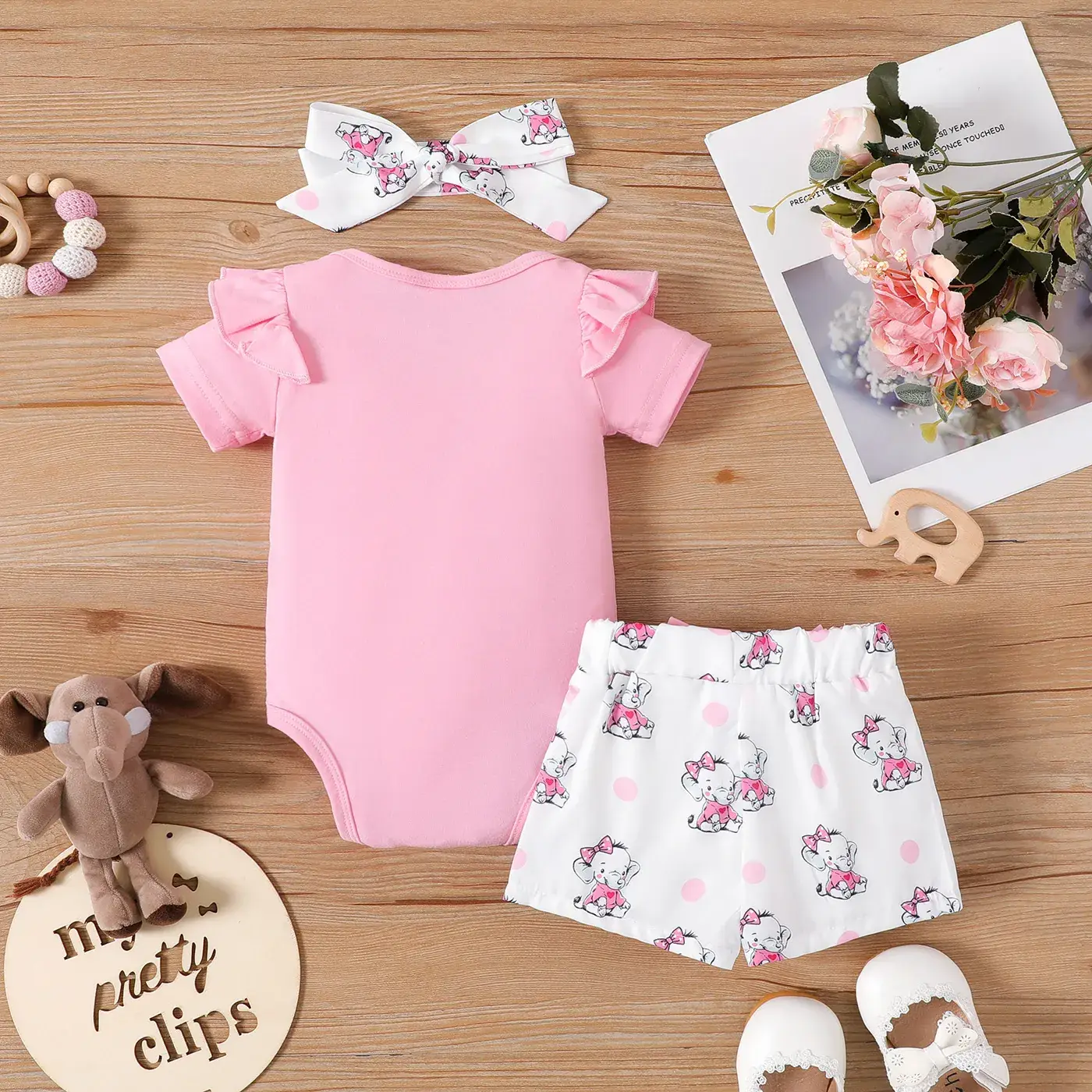 Baby Elephant Print 3-Piece Suit Yellow White — feature 3