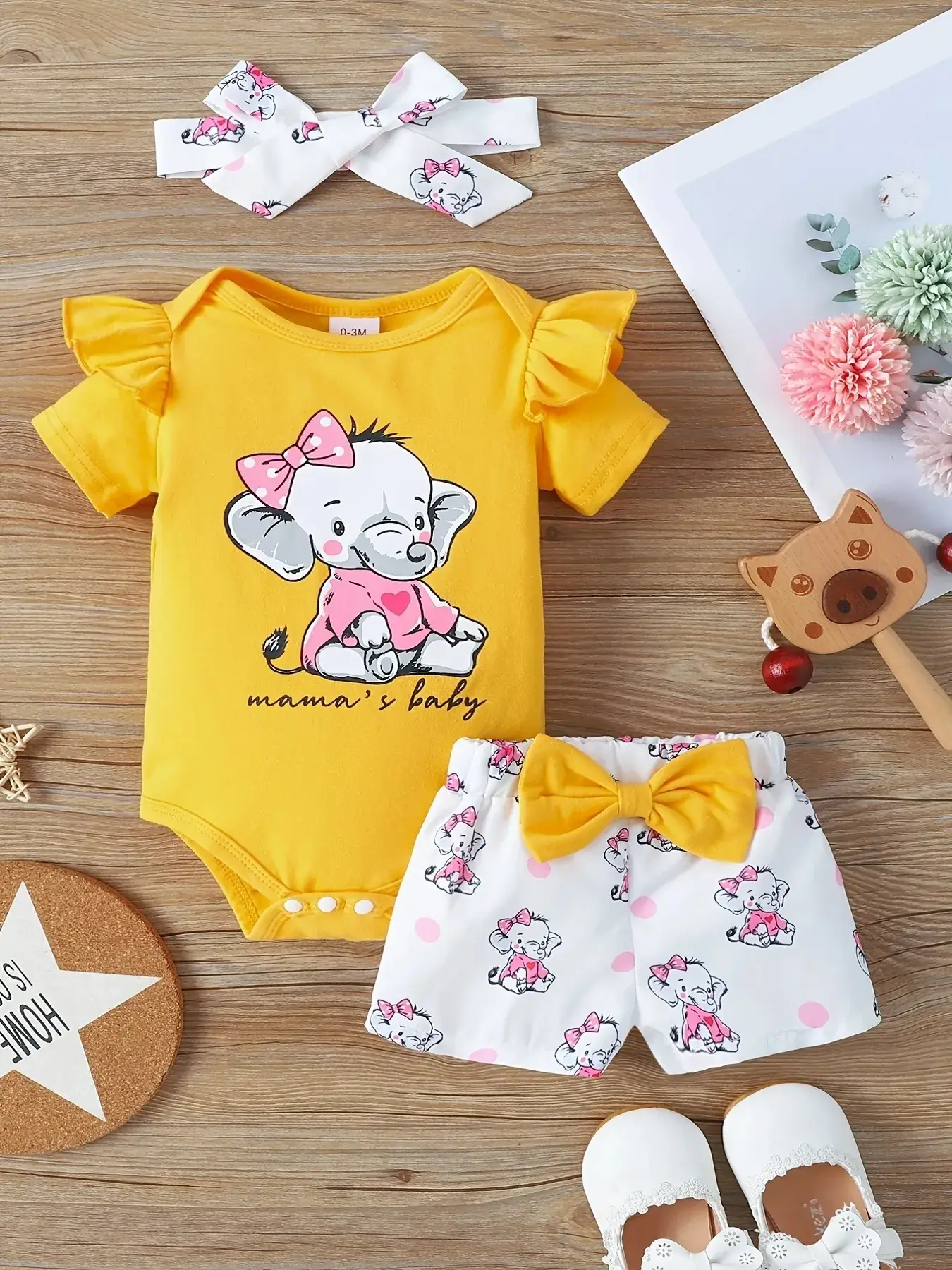 Baby Elephant Print 3-Piece Suit Yellow White — feature 7