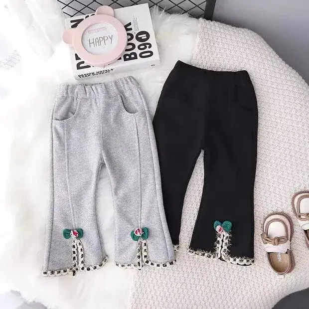 Girls' Grey Bell Bottom Pants with Tassel Decor