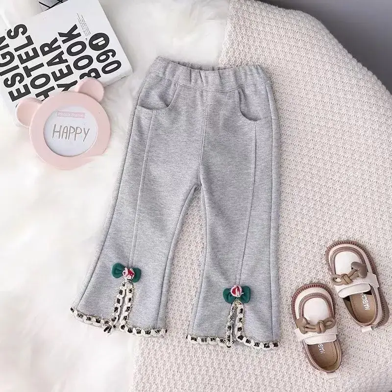 Girls' Grey Bell Bottom Pants with Tassel Decor