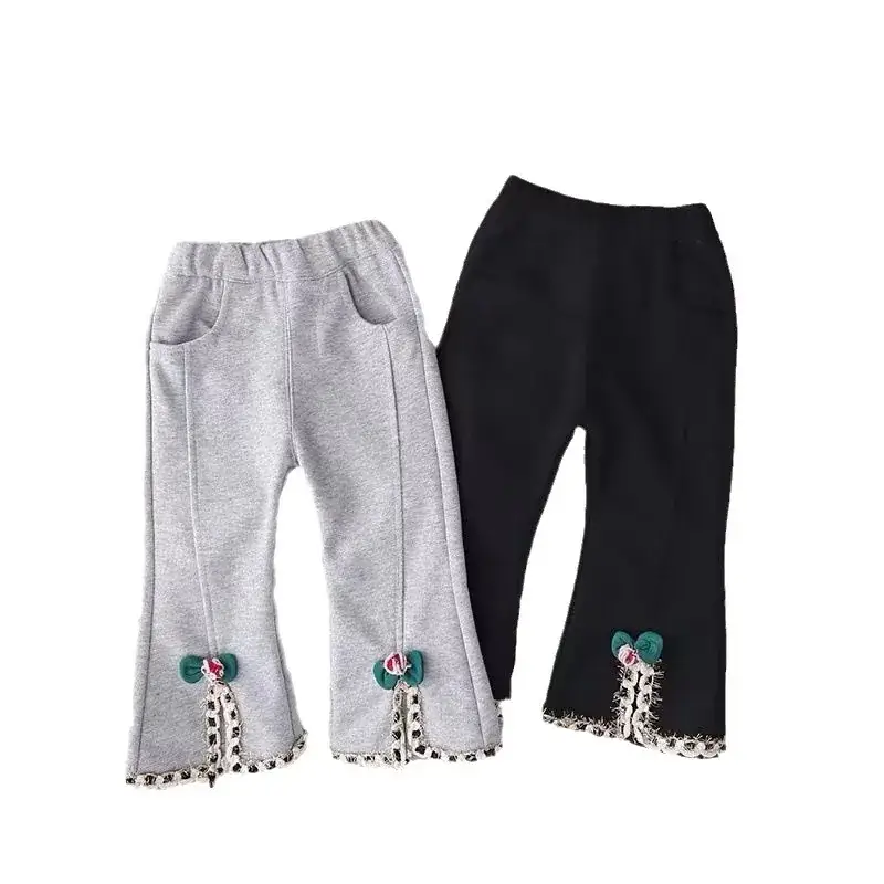 Girls' Grey Bell Bottom Pants with Tassel Decor