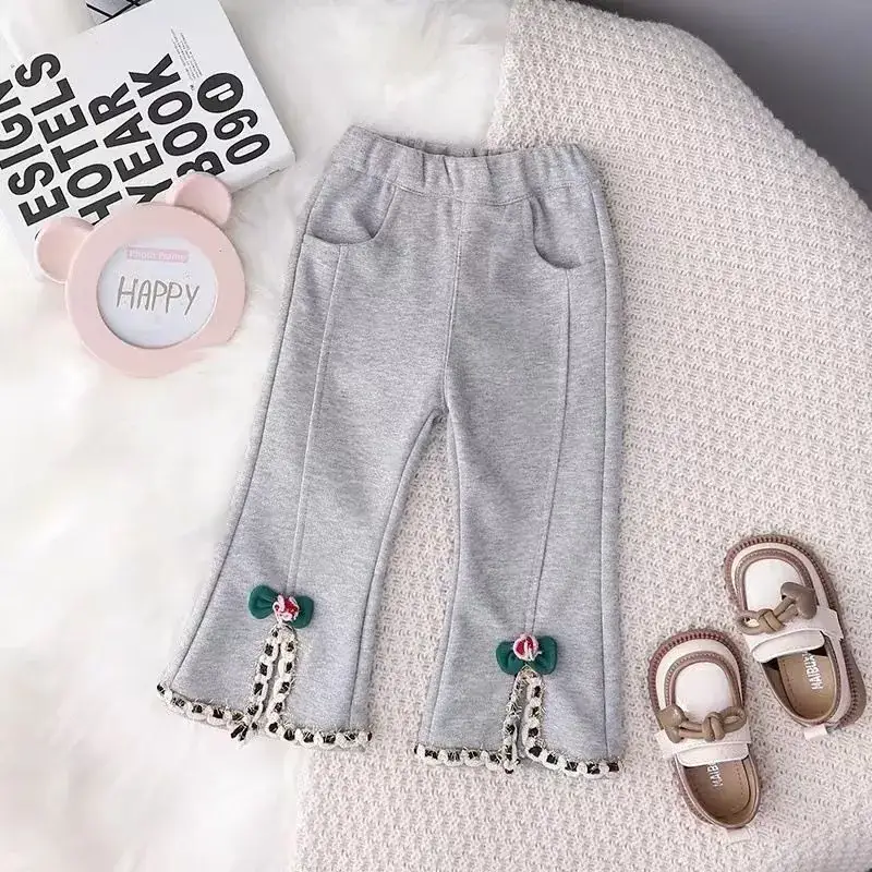 Girls' Grey Bell Bottom Pants with Tassel Decor