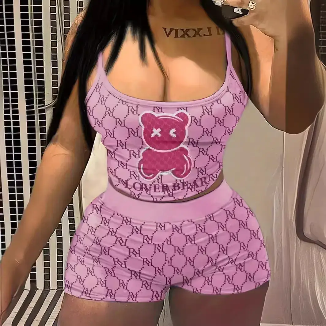 Pink Bear Print Sling Shorts Set for Women