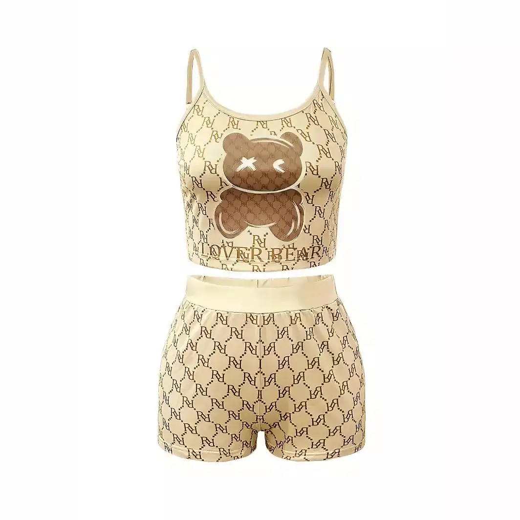 Pink Bear Print Sling Shorts Set for Women
