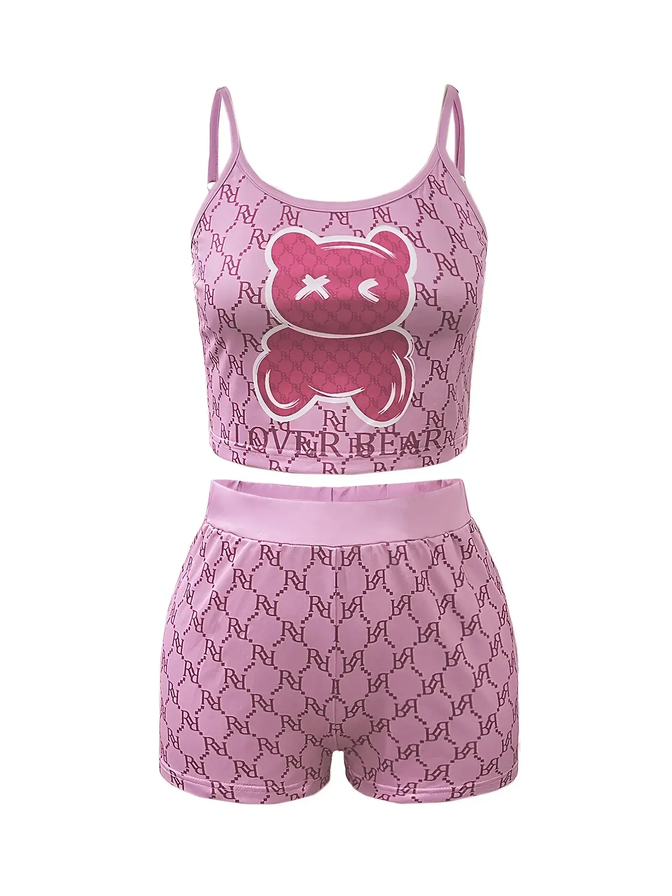 Pink Bear Print Sling Shorts Set for Women — feature 11