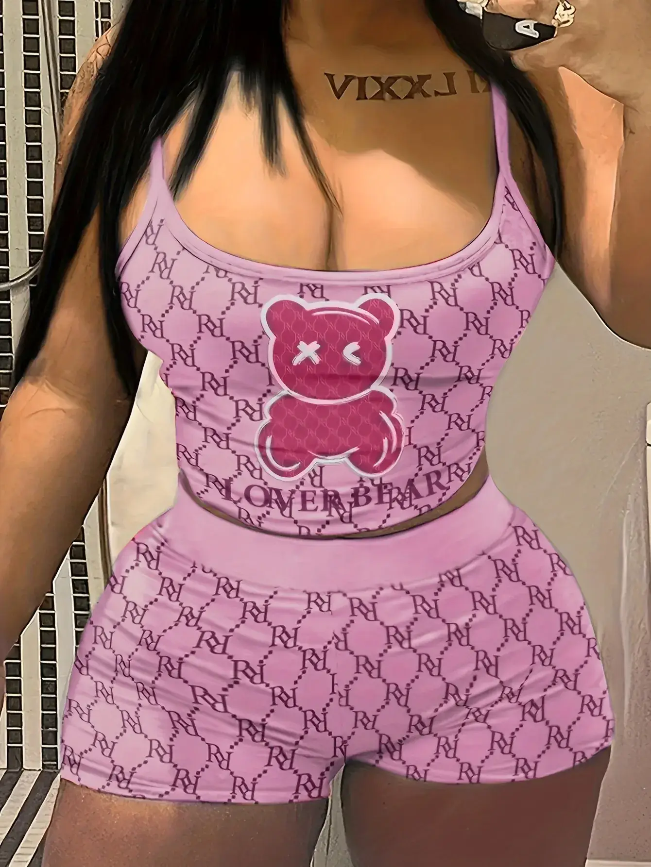 Pink Bear Print Sling Shorts Set for Women — feature 7