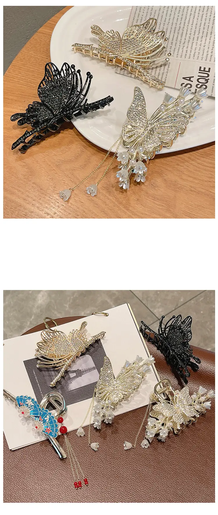 Japanese Korean Butterfly Hairpin Clip Black Gold Large Non-Slip — feature 6