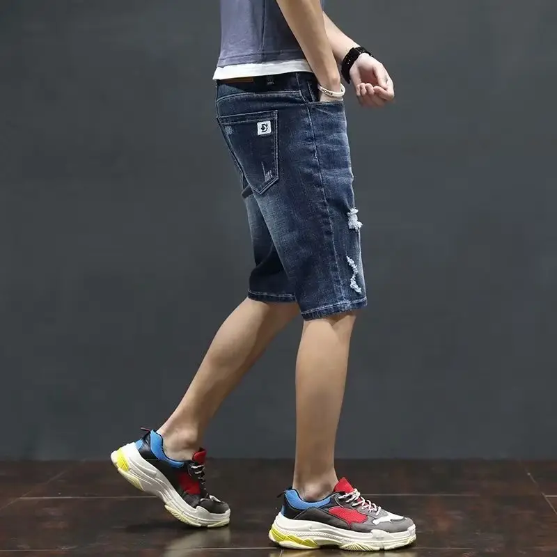 Men's Japanese Denim Shorts with Holes Mid-Length Casual Pants — feature 1