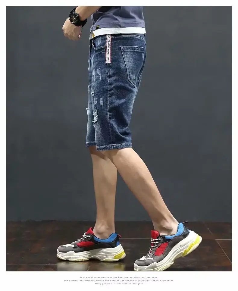Men's Japanese Denim Shorts with Holes Mid-Length Casual Pants — feature 10