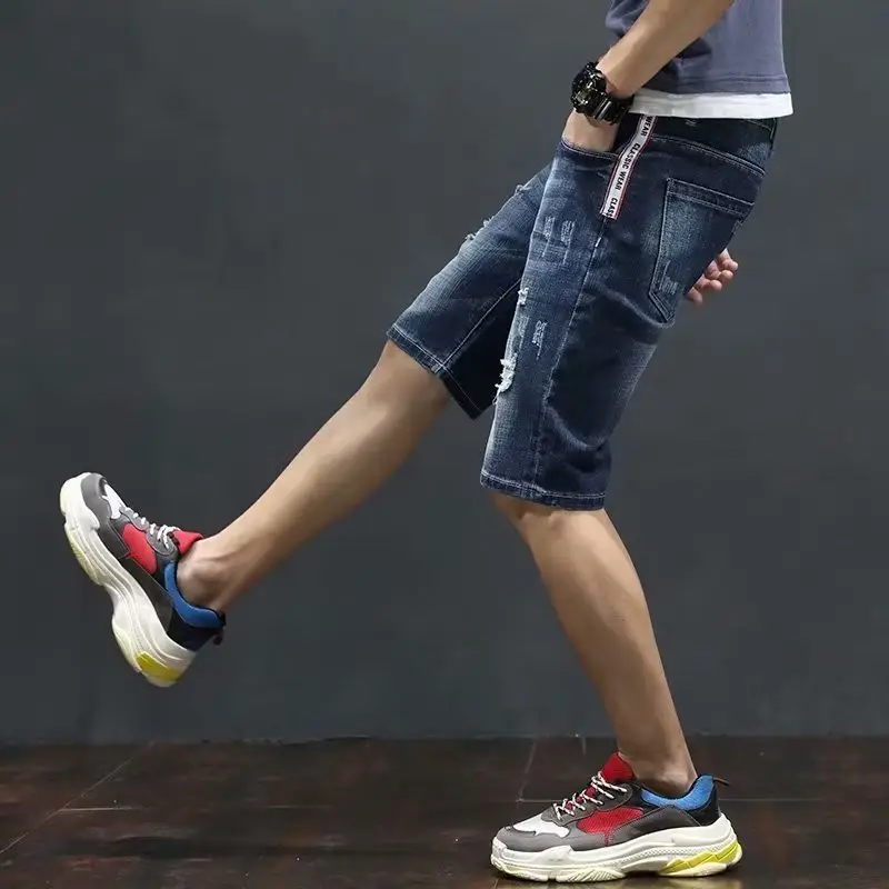 Men's Japanese Denim Shorts with Holes Mid-Length Casual Pants — feature 2