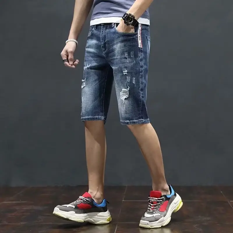 Men's Japanese Denim Shorts with Holes Mid-Length Casual Pants — feature 3