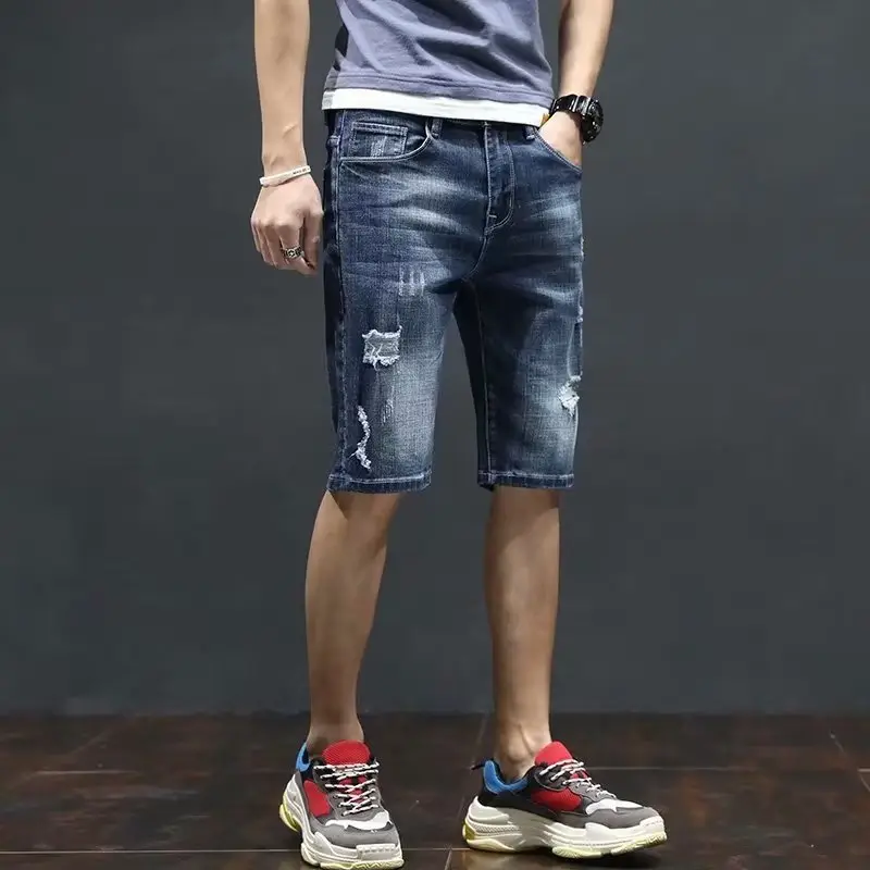 Men's Japanese Denim Shorts with Holes Mid-Length Casual Pants — feature 4