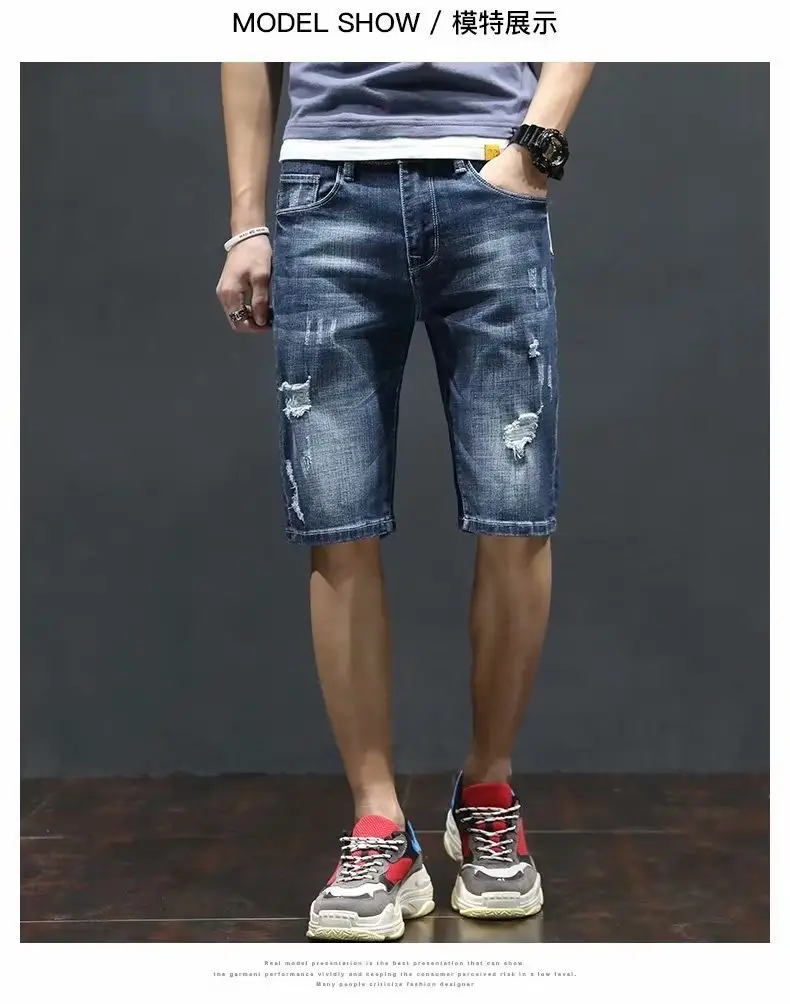 Men's Japanese Denim Shorts with Holes Mid-Length Casual Pants — feature 7