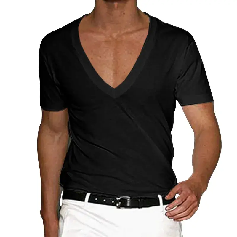 Men V-Neck Solid Color T-Shirt Plus Size Casual Short Sleeve