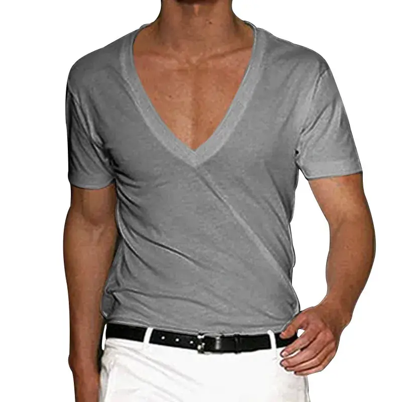 Men V-Neck Solid Color T-Shirt Plus Size Casual Short Sleeve