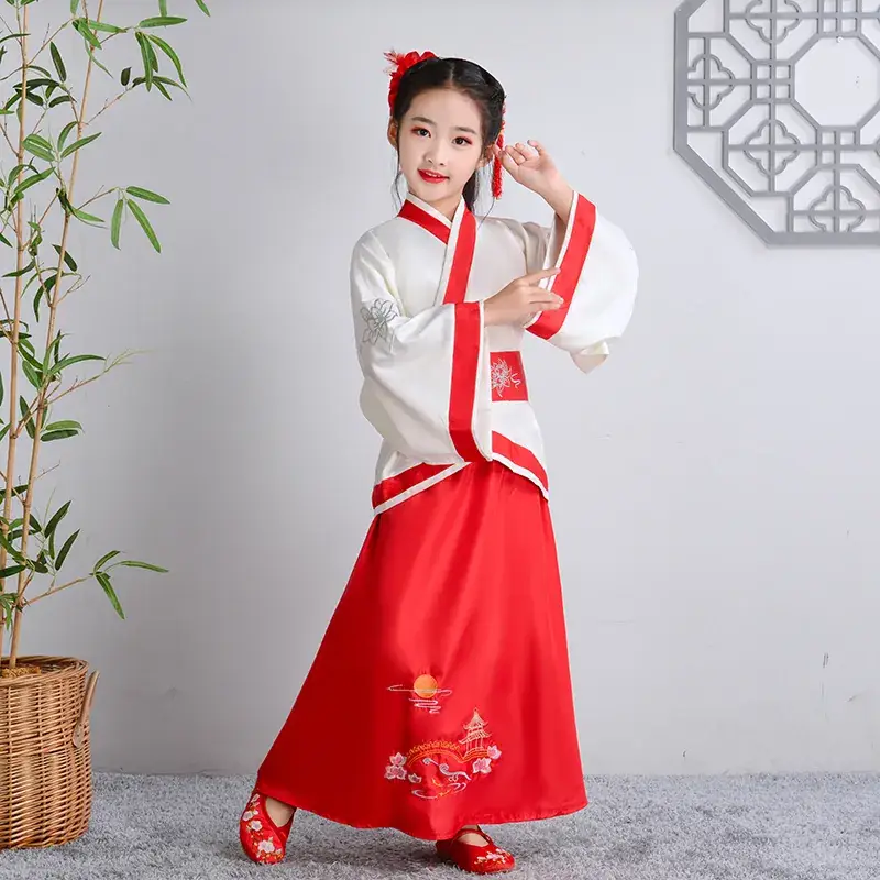Children Hanfu Dress Red White Spring Suit for Girls