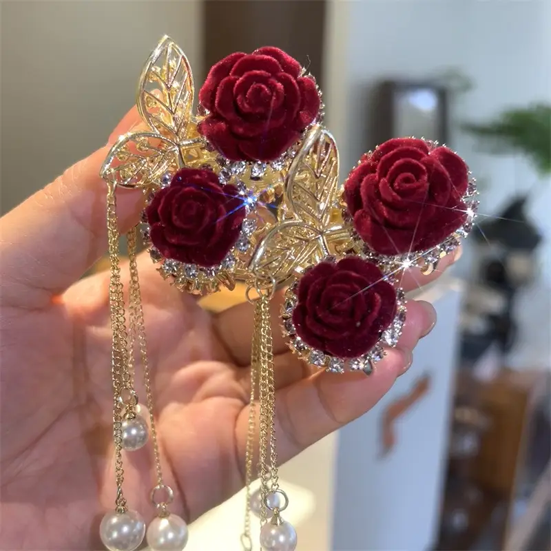 Red Flocking Rose Hair Clip for Women Autumn Winter - Image 6