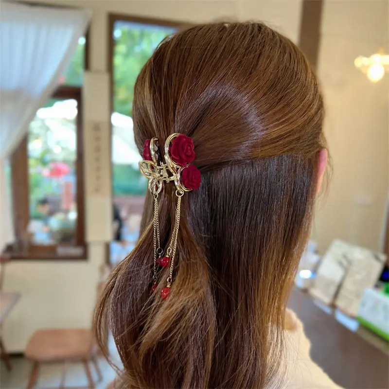 Red Flocking Rose Hair Clip for Women Autumn Winter - Image 7