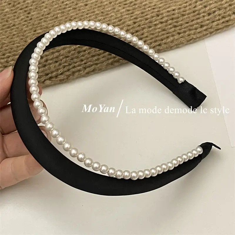 Elegant Satin Pearl Double Layer Headband for Women - Image 2