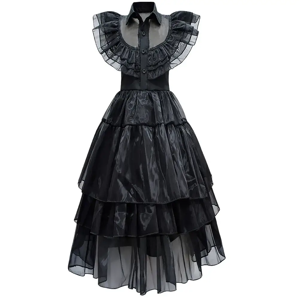 Black Tiered Ruffled Dress with Belt for Cosplay - Image 3