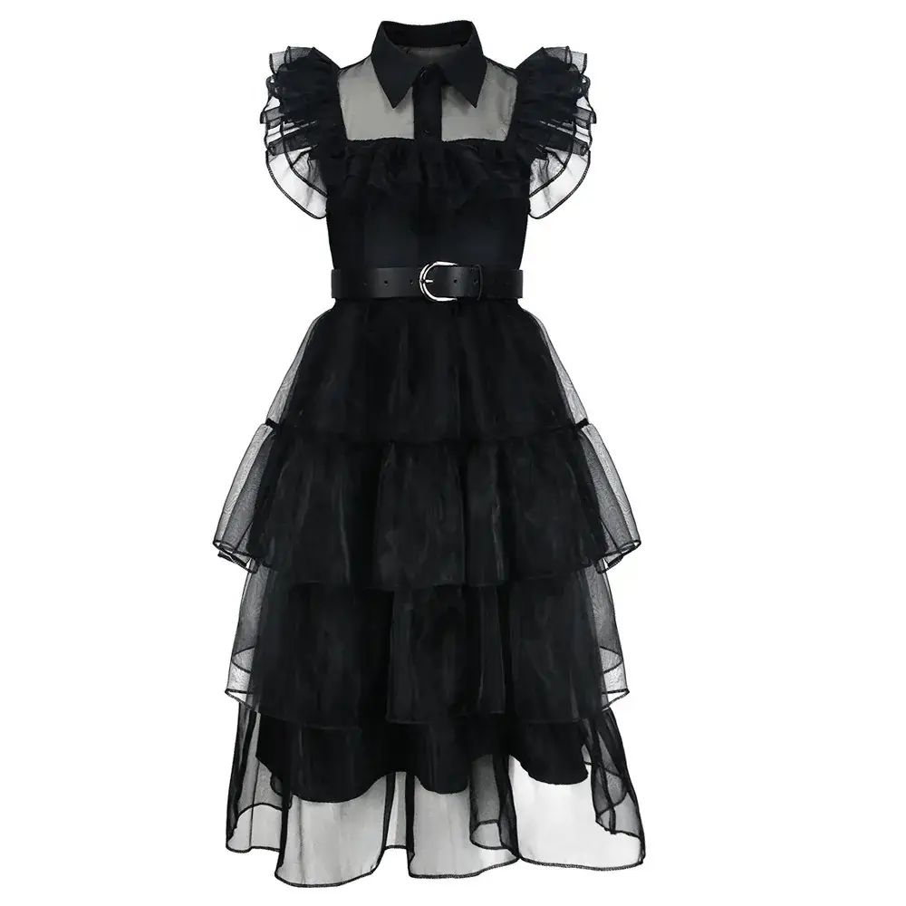 Black Tiered Ruffled Dress with Belt for Cosplay - Image 5