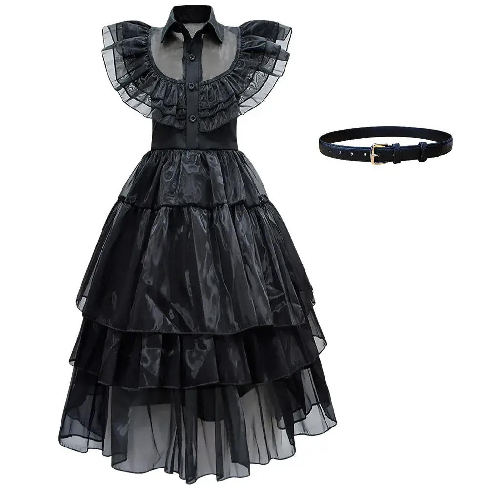 Black Tiered Ruffled Dress with Belt for Cosplay - Image 6