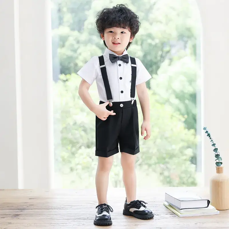 Boys Bib Shorts Suit Black White Bow Tie Summer - Image 3